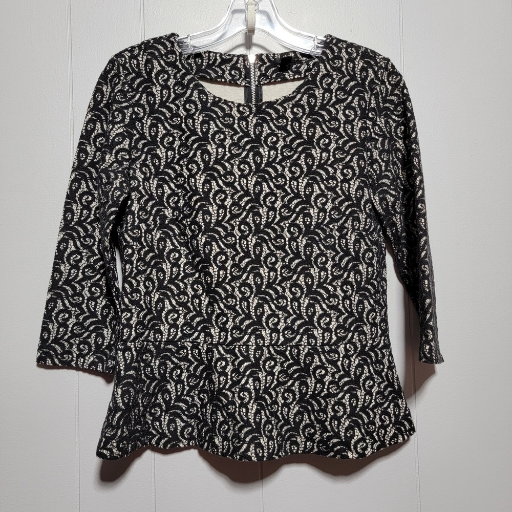 J. Crew Black White Floral Lace Peplum Top 3/4 Sleeve Exposed Zipper 07962 Small - Picture 1 of 5
